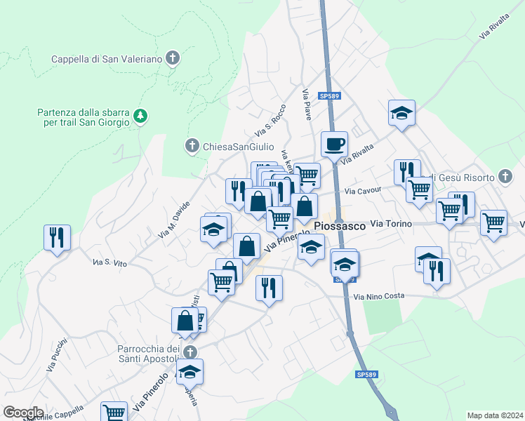 map of restaurants, bars, coffee shops, grocery stores, and more near 38 Via Roma in Piossasco