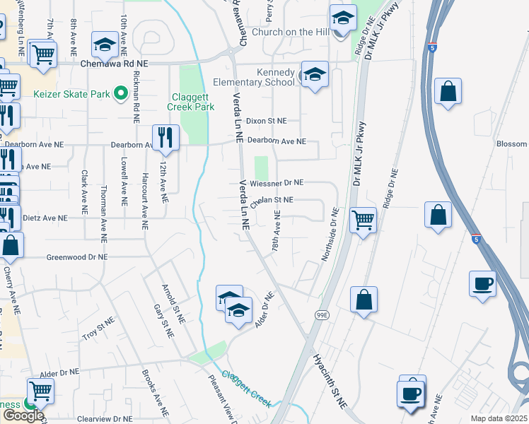 map of restaurants, bars, coffee shops, grocery stores, and more near 4562-4592 Verda Lane Northeast in Keizer