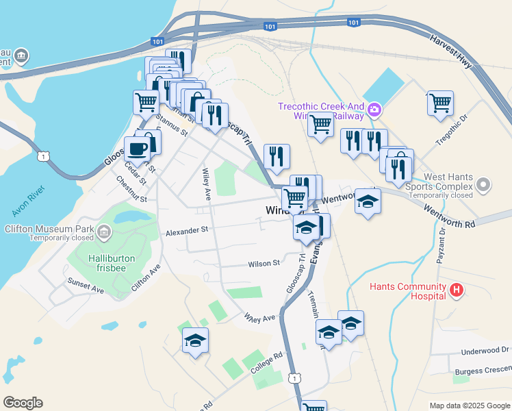 map of restaurants, bars, coffee shops, grocery stores, and more near 496 Albert Street in Windsor