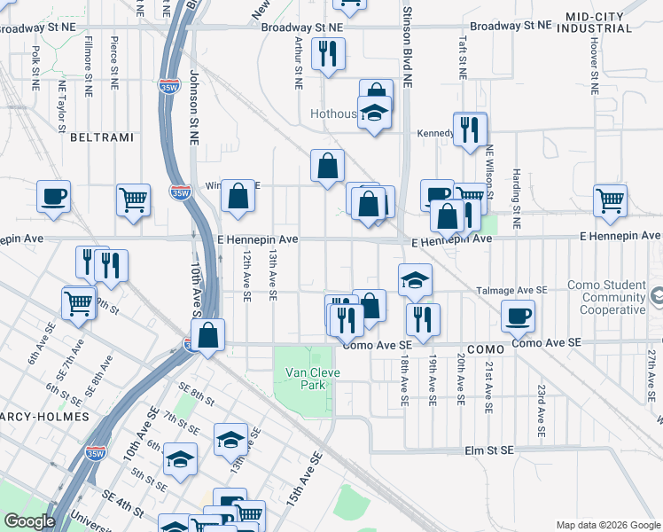 map of restaurants, bars, coffee shops, grocery stores, and more near 1103 15th Avenue Southeast in Minneapolis