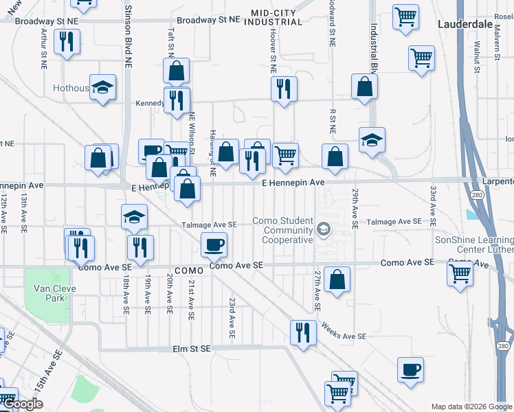 map of restaurants, bars, coffee shops, grocery stores, and more near 1101 24th Avenue Southeast in Minneapolis