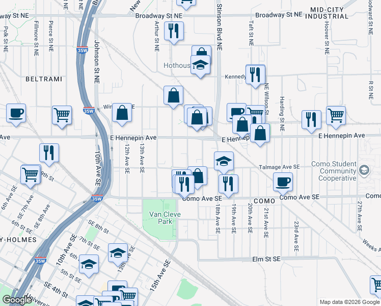 map of restaurants, bars, coffee shops, grocery stores, and more near 1106 16th Avenue Southeast in Minneapolis