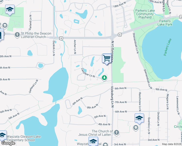 map of restaurants, bars, coffee shops, grocery stores, and more near 1035 Xene Lane North in Plymouth