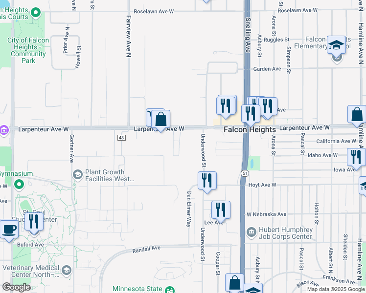 map of restaurants, bars, coffee shops, grocery stores, and more near 1710 Larpenteur Avenue West in Falcon Heights