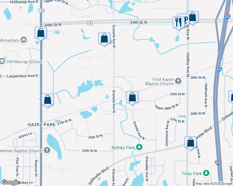 map of restaurants, bars, coffee shops, grocery stores, and more near 2912 Granada Lane North in Oakdale