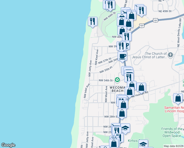 map of restaurants, bars, coffee shops, grocery stores, and more near 3529 Northwest Jetty Avenue in Lincoln City