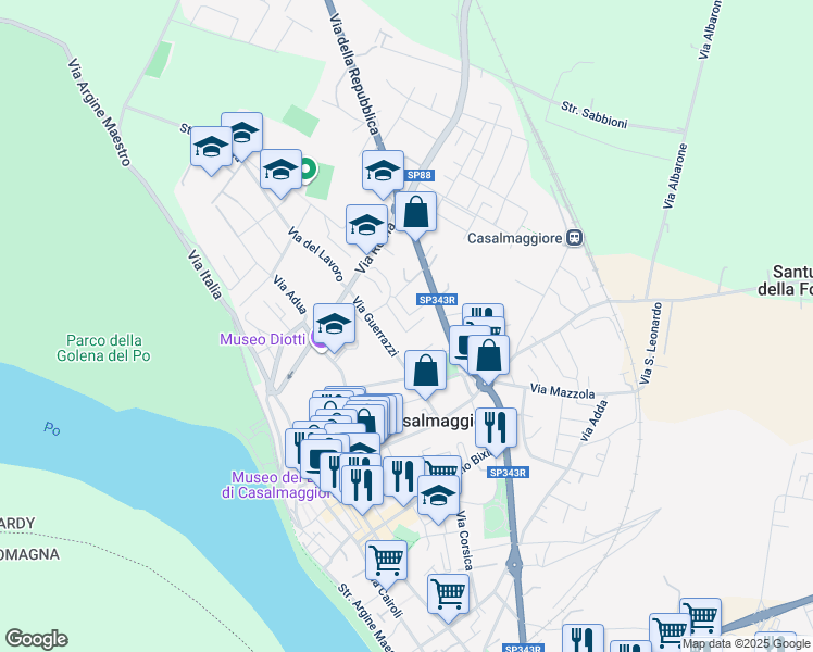 map of restaurants, bars, coffee shops, grocery stores, and more near 26 Via Don P. Marcheselli in Casalmaggiore