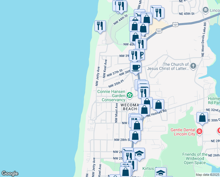 map of restaurants, bars, coffee shops, grocery stores, and more near 3475 Northwest Marine Avenue in Lincoln City