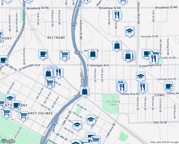 map of restaurants, bars, coffee shops, grocery stores, and more near 1090 11th Avenue Southeast in Minneapolis