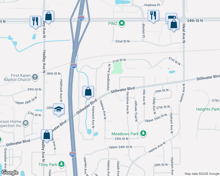 map of restaurants, bars, coffee shops, grocery stores, and more near 2929 Hemingway Avenue North in Oakdale