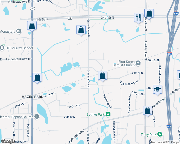map of restaurants, bars, coffee shops, grocery stores, and more near 2912 Granada Lane North in Oakdale
