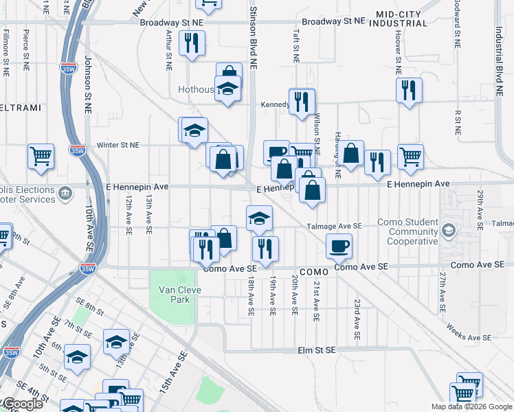 map of restaurants, bars, coffee shops, grocery stores, and more near 1108 18th Avenue Southeast in Minneapolis