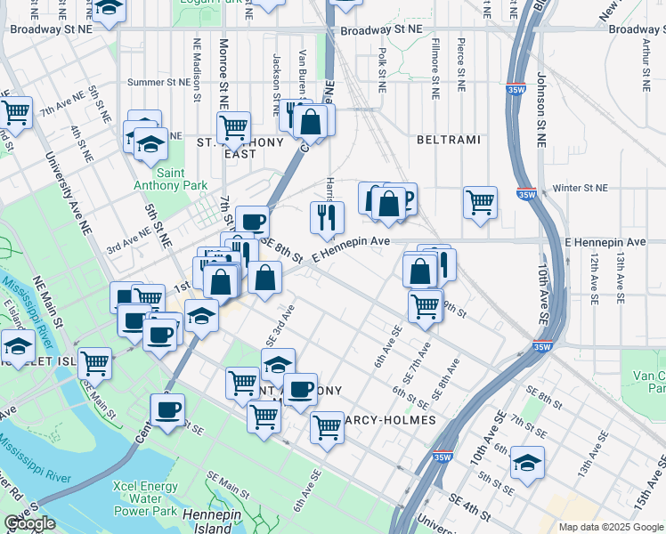 map of restaurants, bars, coffee shops, grocery stores, and more near 317 1/2 Southeast 8th Street in Minneapolis