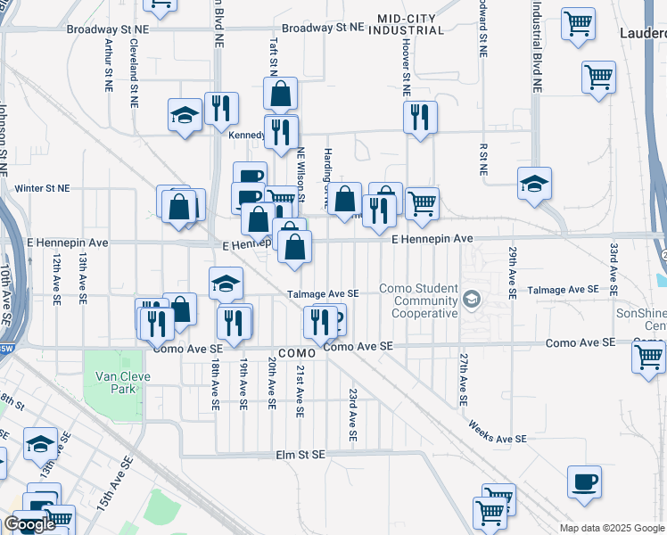 map of restaurants, bars, coffee shops, grocery stores, and more near 1084 22nd Avenue Southeast in Minneapolis