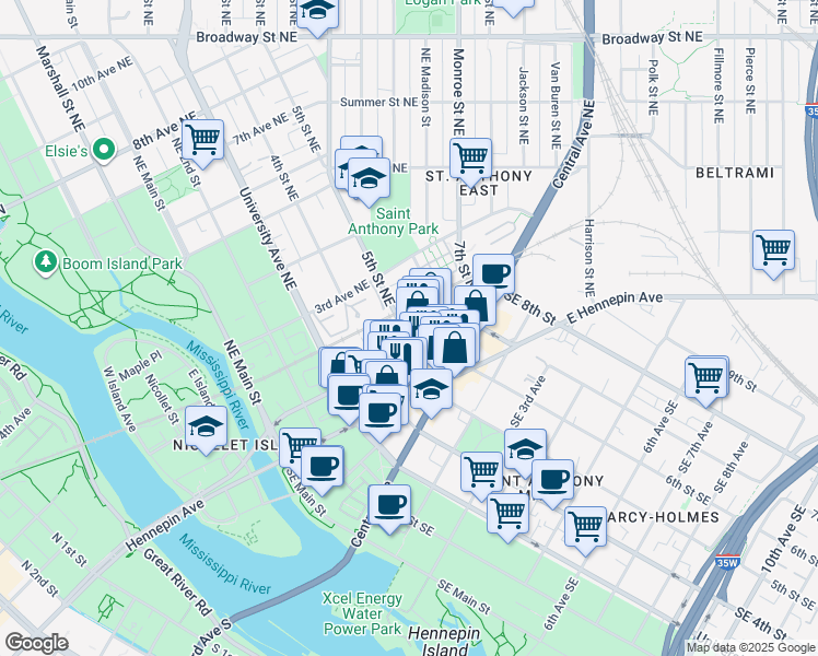 map of restaurants, bars, coffee shops, grocery stores, and more near 115 5th Street Northeast in Minneapolis