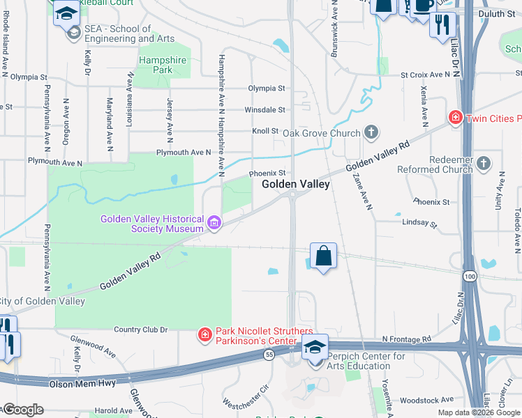 map of restaurants, bars, coffee shops, grocery stores, and more near 6537 Golden Valley Road in Golden Valley