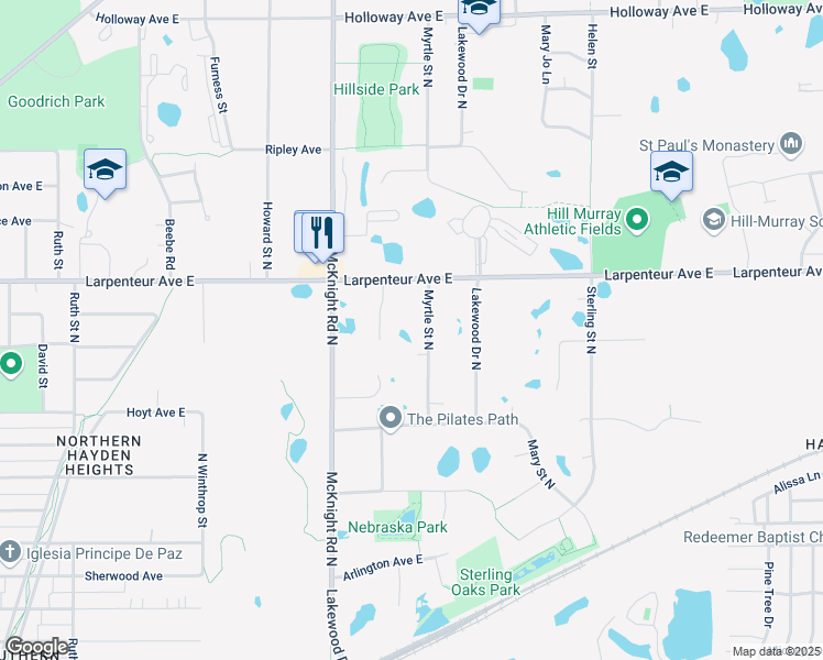 map of restaurants, bars, coffee shops, grocery stores, and more near 1641 Myrtle Street North in Maplewood