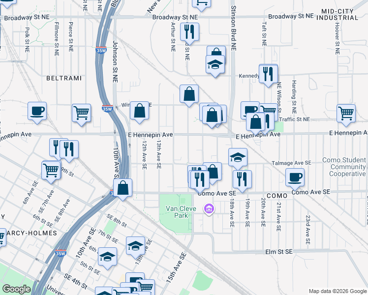 map of restaurants, bars, coffee shops, grocery stores, and more near 1103 15th Avenue Southeast in Minneapolis