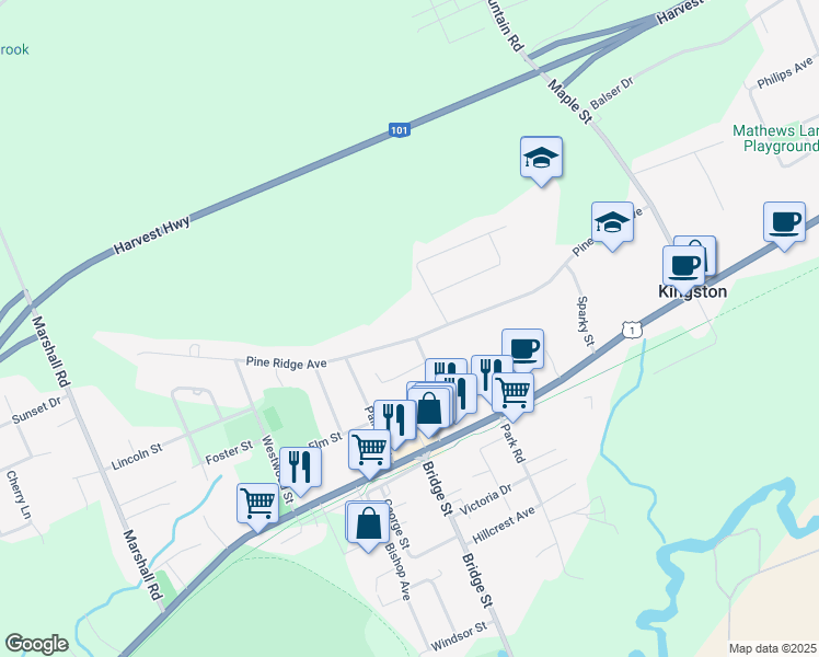 map of restaurants, bars, coffee shops, grocery stores, and more near 495 Pine Ridge Avenue in Kingston