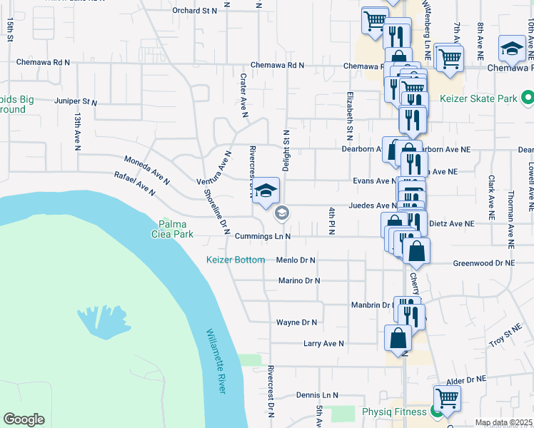 map of restaurants, bars, coffee shops, grocery stores, and more near 613 Cummings Lane North in Keizer
