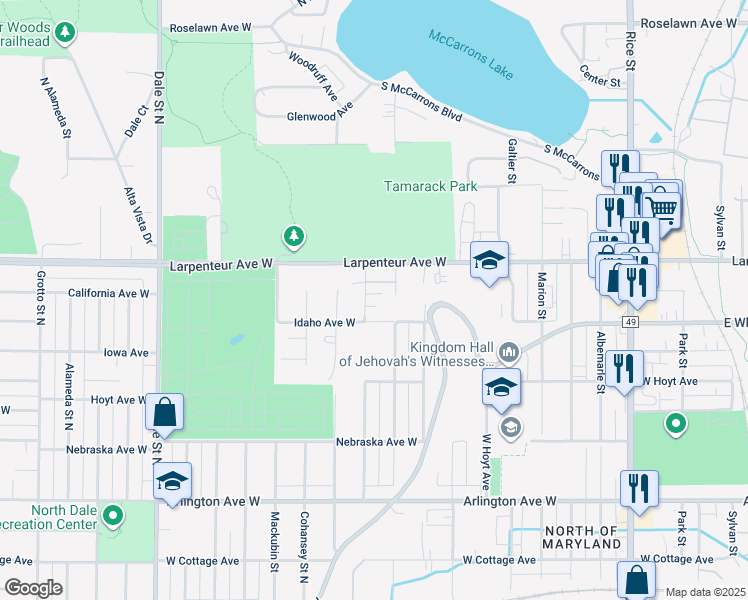 map of restaurants, bars, coffee shops, grocery stores, and more near 1640 Cumberland Street in Saint Paul