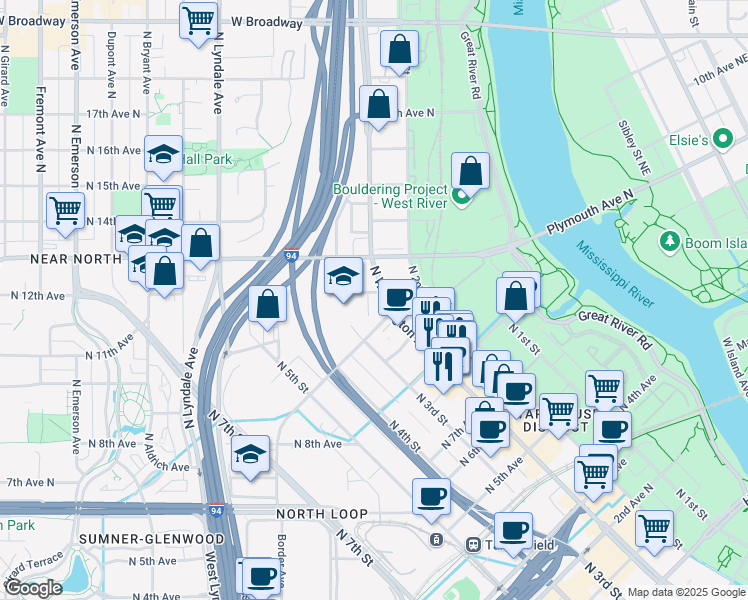 map of restaurants, bars, coffee shops, grocery stores, and more near 1117 North Washington Avenue in Minneapolis