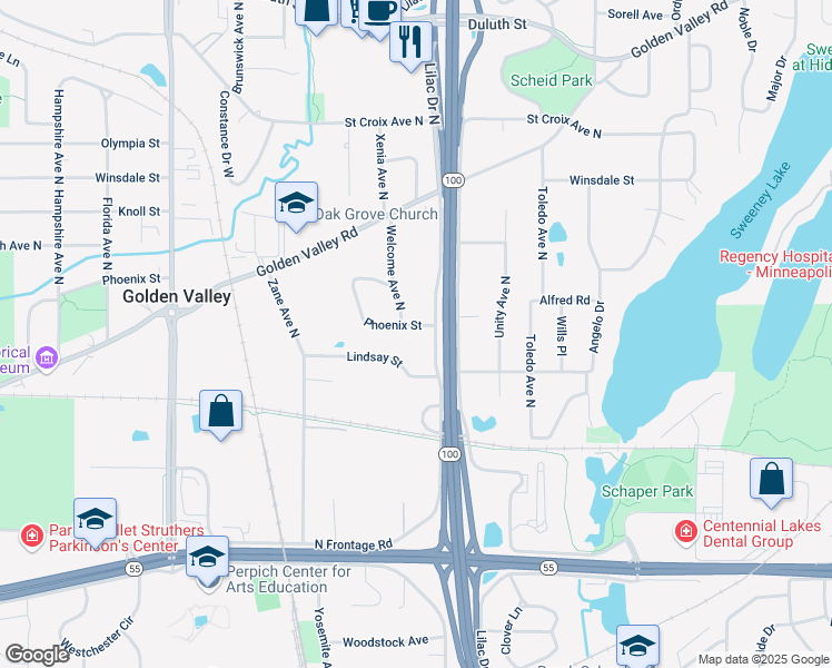 map of restaurants, bars, coffee shops, grocery stores, and more near 5600 Phoenix Street in Minneapolis