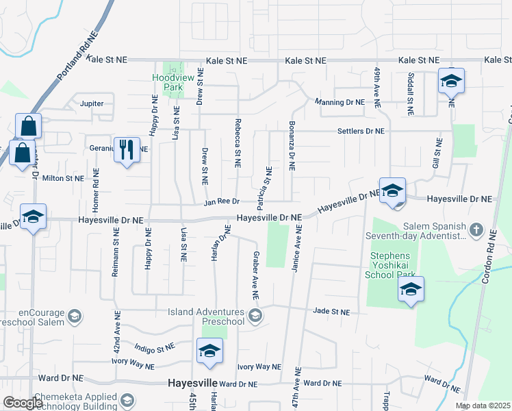 map of restaurants, bars, coffee shops, grocery stores, and more near 4724 Patricia Street Northeast in Salem