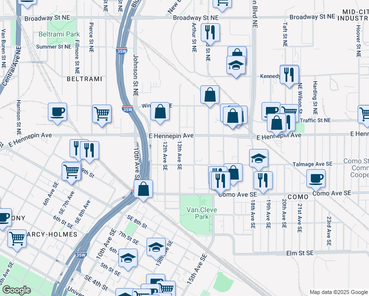 map of restaurants, bars, coffee shops, grocery stores, and more near 1105 14th Avenue Southeast in Minneapolis