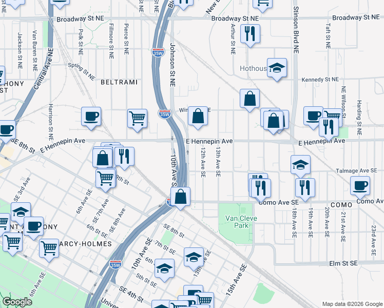 map of restaurants, bars, coffee shops, grocery stores, and more near 1106 11th Avenue Southeast in Minneapolis