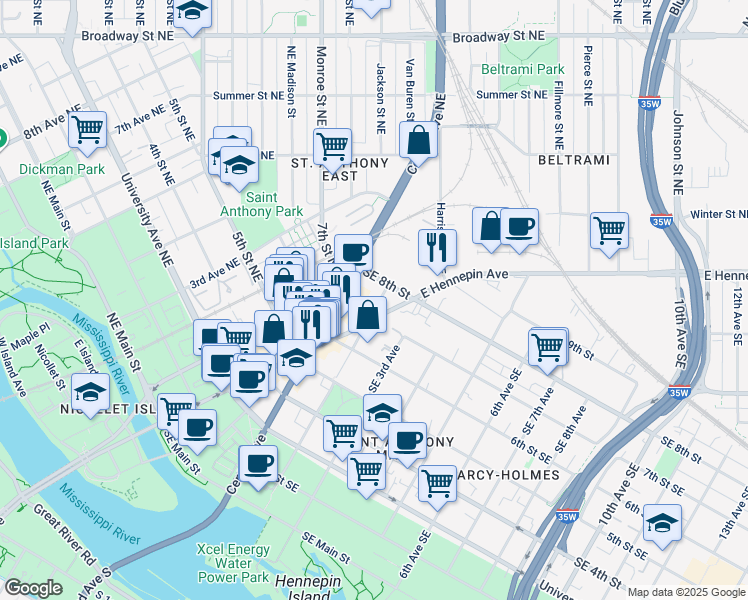 map of restaurants, bars, coffee shops, grocery stores, and more near 119 1/2 7th Street Southeast in Minneapolis
