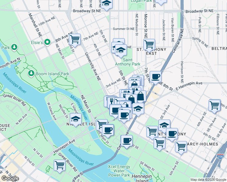 map of restaurants, bars, coffee shops, grocery stores, and more near 422 3rd Avenue Northeast in Minneapolis