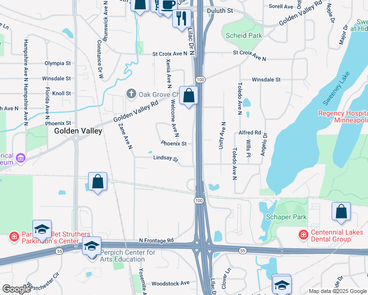 map of restaurants, bars, coffee shops, grocery stores, and more near 5600 Phoenix Street in Minneapolis