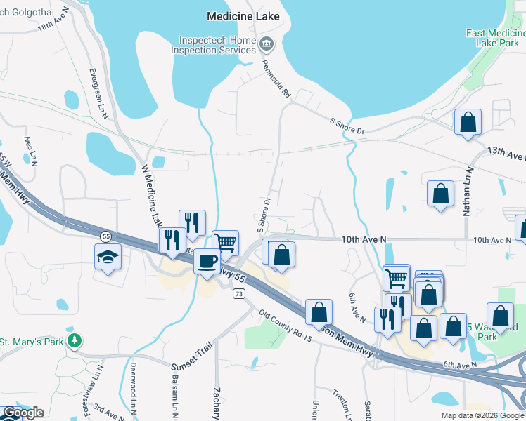 map of restaurants, bars, coffee shops, grocery stores, and more near 10850 South Shore Drive in Plymouth