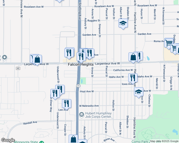 map of restaurants, bars, coffee shops, grocery stores, and more near 1669 Arona Street in Falcon Heights
