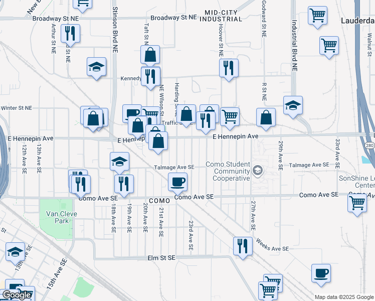 map of restaurants, bars, coffee shops, grocery stores, and more near 1101 23rd Avenue Southeast in Minneapolis