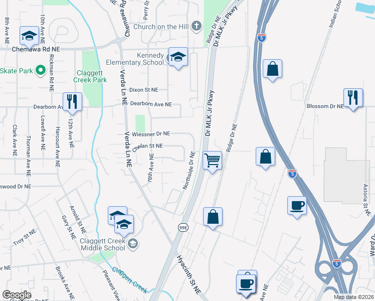 map of restaurants, bars, coffee shops, grocery stores, and more near 4586 19th Place Northeast in Keizer