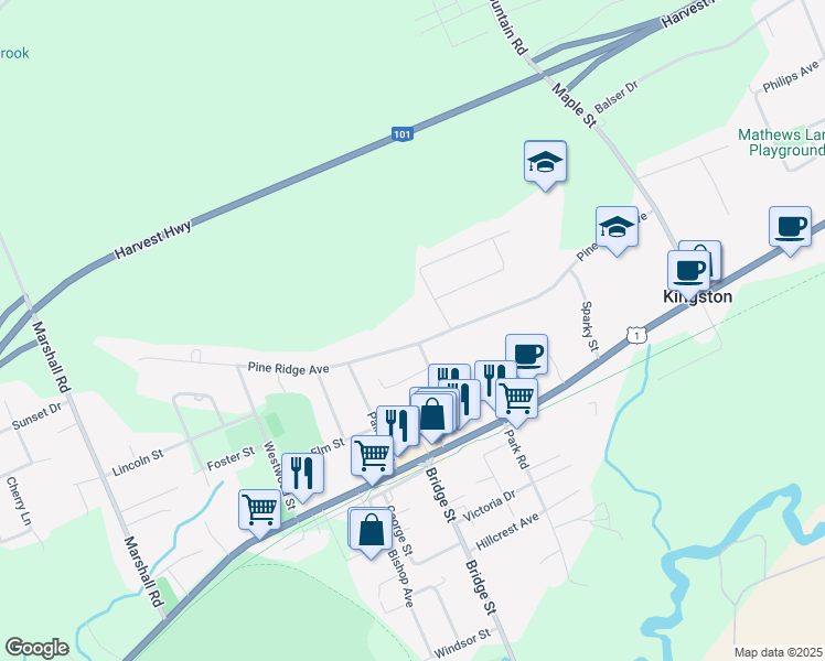 map of restaurants, bars, coffee shops, grocery stores, and more near 495 Pine Ridge Avenue in Kingston