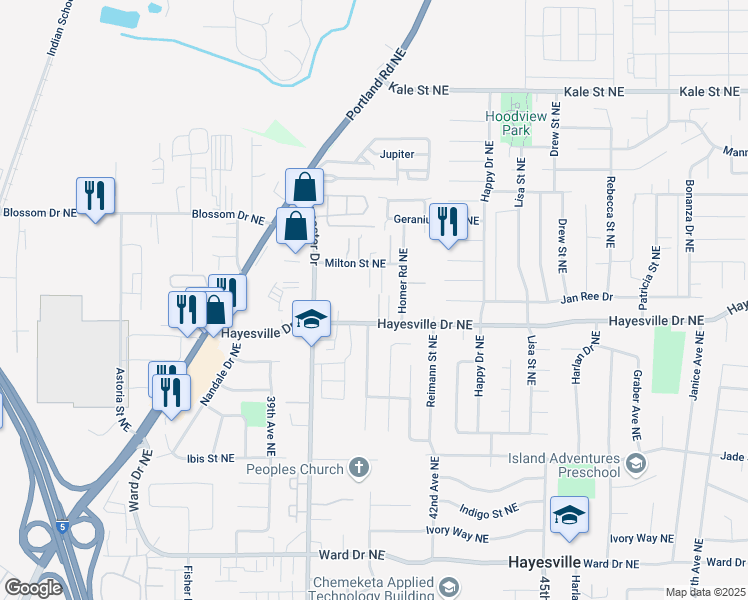 map of restaurants, bars, coffee shops, grocery stores, and more near 4727 Tree Lane Northeast in Salem