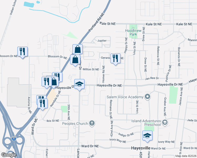 map of restaurants, bars, coffee shops, grocery stores, and more near 4721 Cedrus Lane, NE in Salem