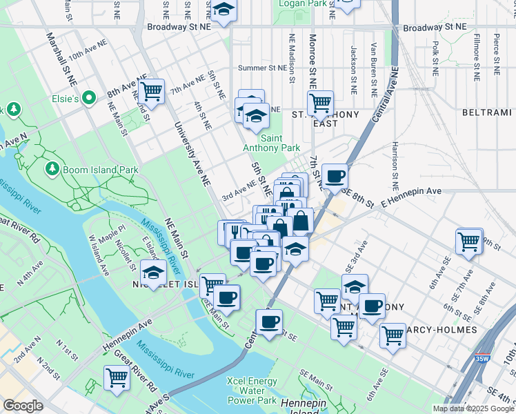 map of restaurants, bars, coffee shops, grocery stores, and more near 422 3rd Avenue Northeast in Minneapolis