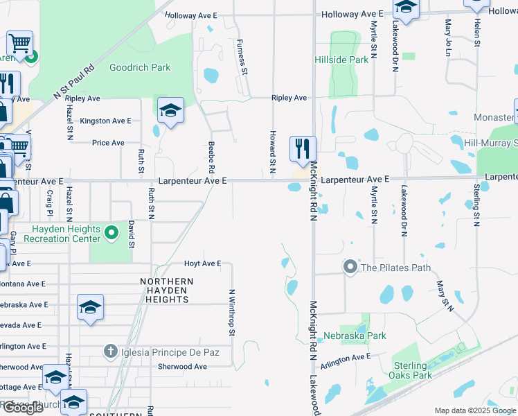 map of restaurants, bars, coffee shops, grocery stores, and more near 2200 Larpenteur Avenue East in Saint Paul
