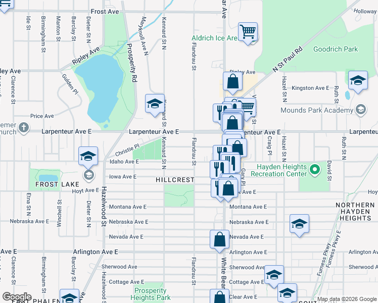 map of restaurants, bars, coffee shops, grocery stores, and more near 1705 East California Avenue in Saint Paul