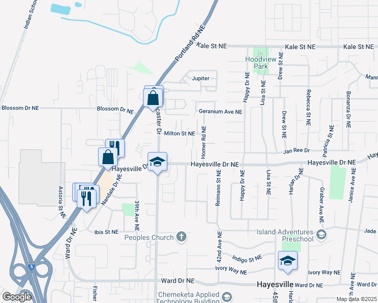 map of restaurants, bars, coffee shops, grocery stores, and more near 4727 Tree Lane Northeast in Salem