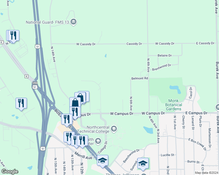 map of restaurants, bars, coffee shops, grocery stores, and more near 1913 10th Avenue North in Wausau