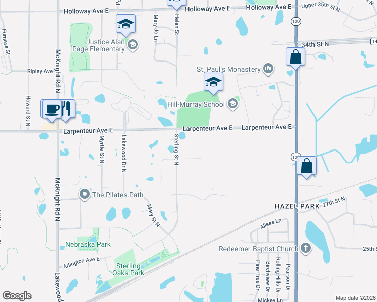 map of restaurants, bars, coffee shops, grocery stores, and more near 1640 Sterling Street North in Maplewood