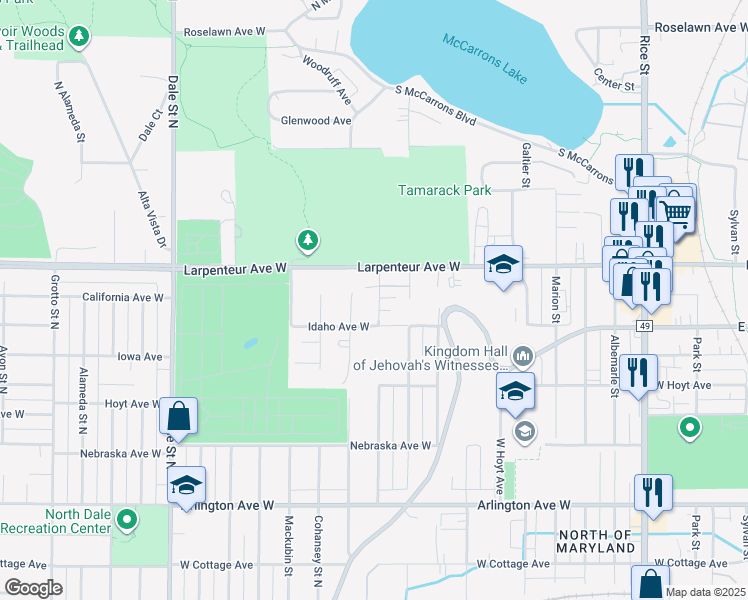 map of restaurants, bars, coffee shops, grocery stores, and more near 1660 Cumberland Street in Saint Paul