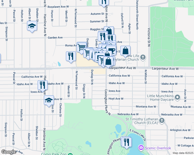 map of restaurants, bars, coffee shops, grocery stores, and more near 1168 California Avenue West in Saint Paul