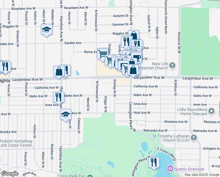 map of restaurants, bars, coffee shops, grocery stores, and more near 1192 California Drive in Saint Paul