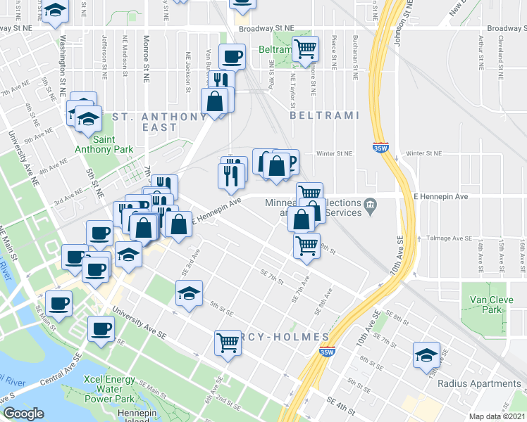 map of restaurants, bars, coffee shops, grocery stores, and more near 329 Southeast 9th Street in Minneapolis